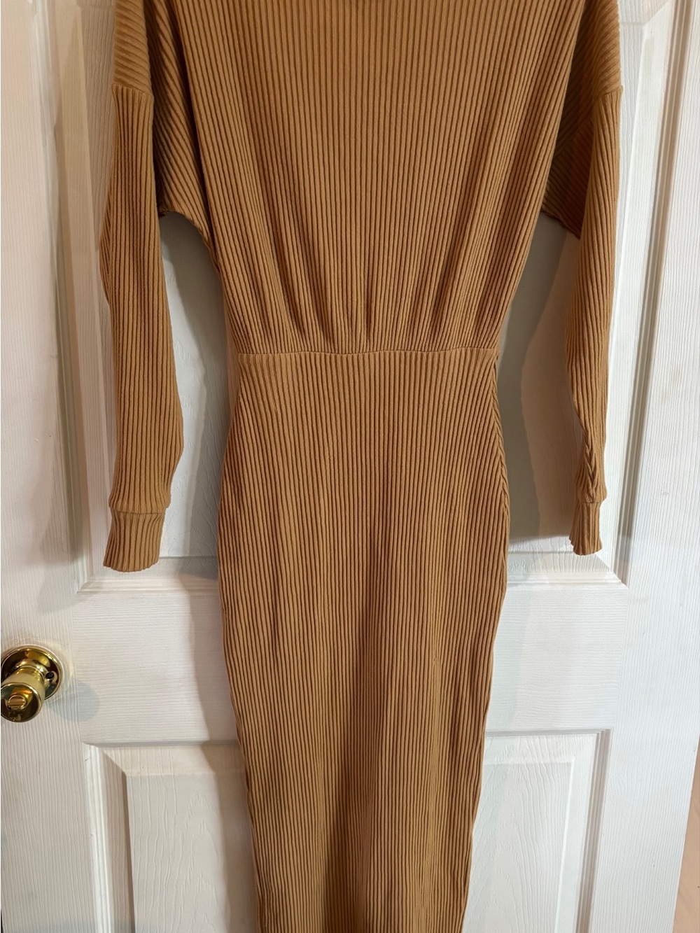 ASOS Ribbed Long-Sleeve Wrap-Front Maxi Dress in Camel Brown - Picture 3 of 7